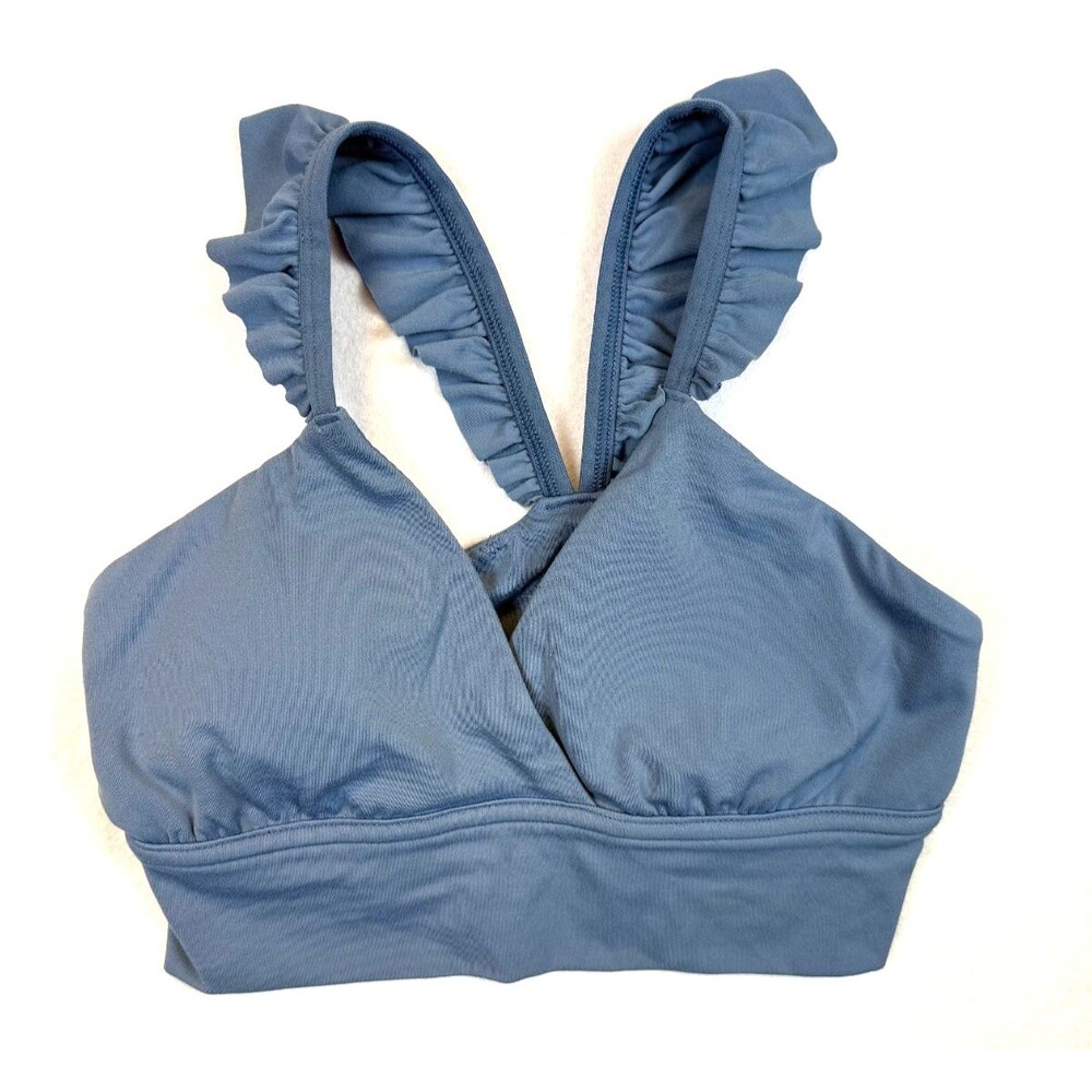 Aerie OFFLINE Real Me Ruffle Sports Bra XS Blue Grey V-Neck Strappy Athleisure